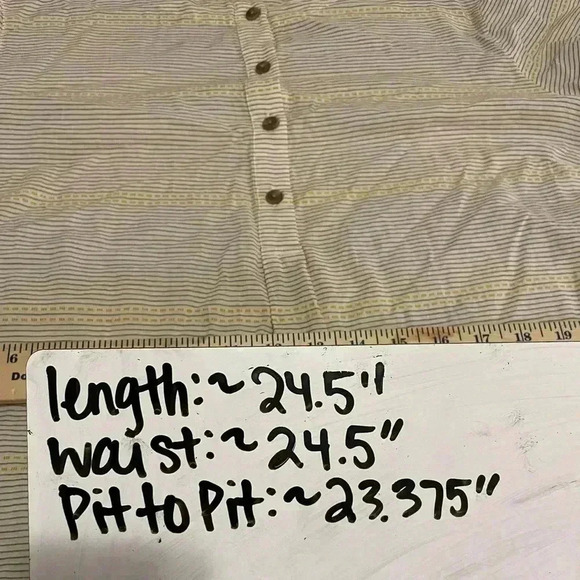 J Jill Top Beige Yellow Stripe Aztec Boho Flounce Sleeve Blouse Organic Cotton - Picture 10 of 10